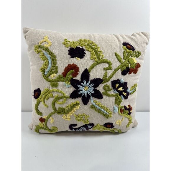 Floral Crewel Embroidery Needlepoint PILLOW Cottage Core Boho Beige Green Soft - Picture 3 of 4